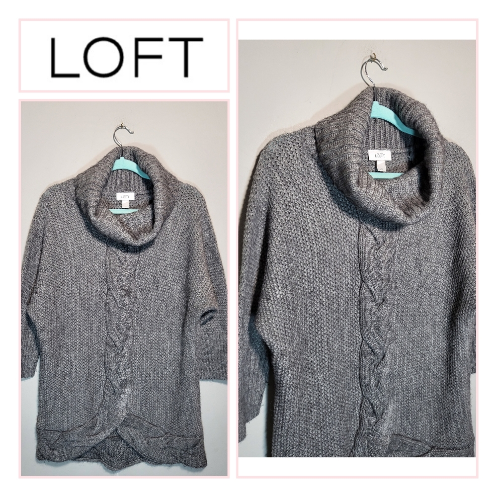 LOFT Size XL Cable Knit Sweater Alpaca Wool Blend Soft Gray Cowl Neck